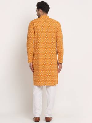 Men Cotton Jaipuri Printed Yellow Knee Length Kurta Pyjama Set 3