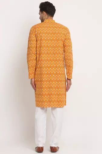 Men Cotton Jaipuri Printed Yellow Knee Length Kurta Pyjama Set