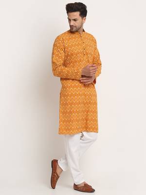 Men Cotton Jaipuri Printed Yellow Knee Length Kurta Pyjama Set 4