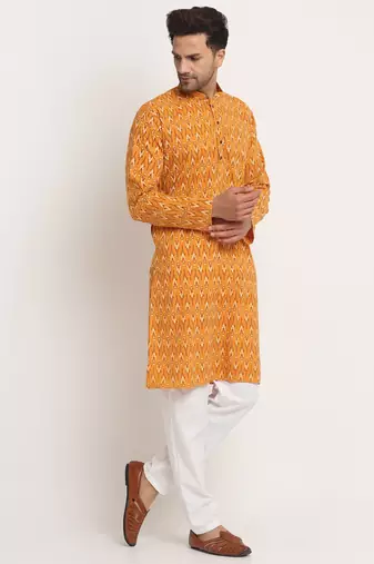 Men Cotton Jaipuri Printed Yellow Knee Length Kurta Pyjama Set