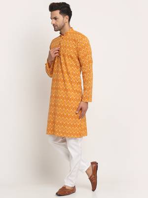 Men Cotton Jaipuri Printed Yellow Knee Length Kurta Pyjama Set 5