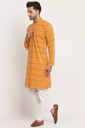 Men Cotton Jaipuri Printed Yellow Knee Length Kurta Pyjama Set