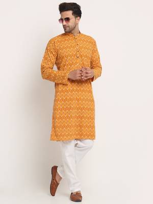 Men Cotton Jaipuri Printed Yellow Knee Length Kurta Pyjama Set 7