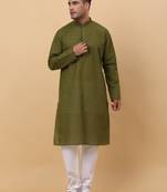 Men Green Chikan Embroidered Kurta with White Pyjama