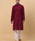 Men Maroon Chikan Embroidered Kurta with White Pyjama