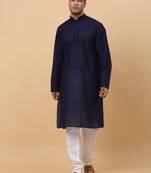 Men Navy Blue Chikan Embroidered Kurta with White Pyjama