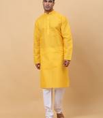 Men Yellow Chikan Embroidered Kurta with White Pyjama