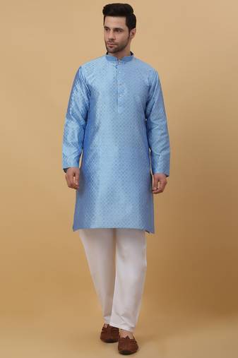 Men's Geometric Jacquard Blue Kurta With Pyjamas