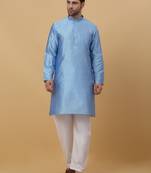 Men's Geometric Jacquard Blue Kurta With Pyjamas