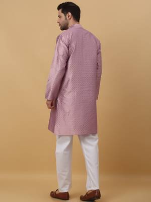 Men's Geometric Jacquard Mauve Kurta With Pyjamas 3