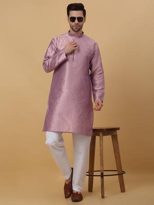 Men's Geometric Jacquard Mauve Kurta With Pyjamas 5