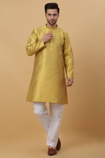 Men's Geometric Jacquard Mustard Yellow Kurta With Pyjamas