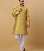Men's Geometric Jacquard Mustard Yellow Kurta With Pyjamas