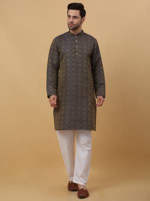 Men's Jacquard Woven Design Blue Kurta With Pyjamas 1