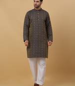 Men's Jacquard Woven Design Blue Kurta With Pyjamas