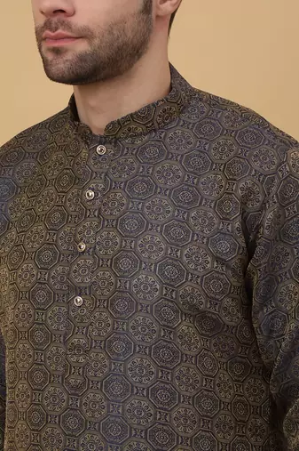 Men's Jacquard Woven Design Blue Kurta With Pyjamas