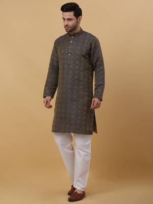 Men's Jacquard Woven Design Blue Kurta With Pyjamas 4