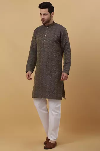 Men's Jacquard Woven Design Blue Kurta With Pyjamas