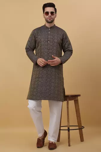 Men's Jacquard Woven Design Blue Kurta With Pyjamas
