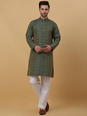 Men's Jacquard Woven Design Green Kurta With Pyjamas 1