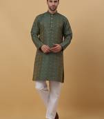 Men's Jacquard Woven Design Green Kurta With Pyjamas
