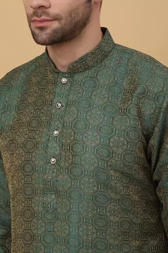 Men's Jacquard Woven Design Green Kurta With Pyjamas