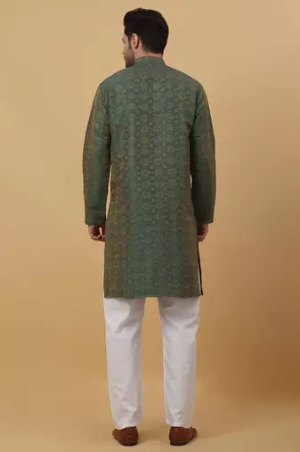 Men's Jacquard Woven Design Green Kurta With Pyjamas