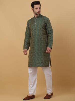 Men's Jacquard Woven Design Green Kurta With Pyjamas 4