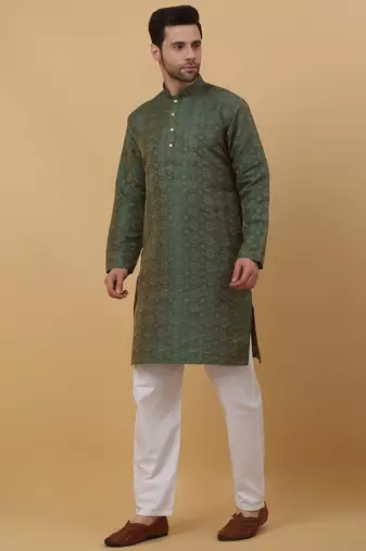 Men's Jacquard Woven Design Green Kurta With Pyjamas