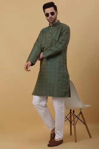 Men's Jacquard Woven Design Green Kurta With Pyjamas