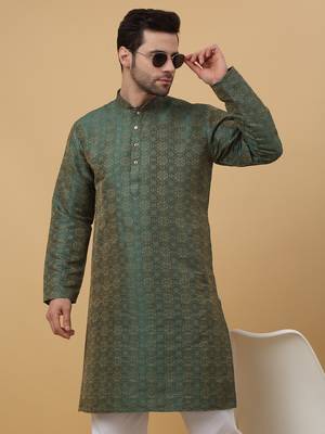 Men's Jacquard Woven Design Green Kurta With Pyjamas 6