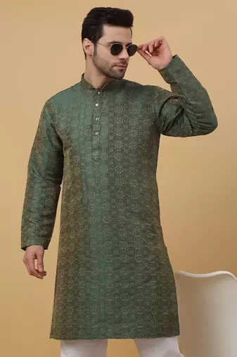 Men's Jacquard Woven Design Green Kurta With Pyjamas