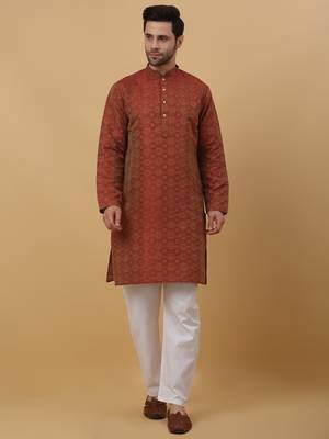 Men's Jacquard Woven Design Maroon Kurta With Pyjamas 1
