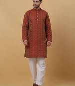 Men's Jacquard Woven Design Maroon Kurta With Pyjamas