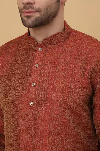 Men's Jacquard Woven Design Maroon Kurta With Pyjamas