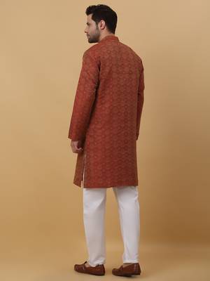 Men's Jacquard Woven Design Maroon Kurta With Pyjamas 3