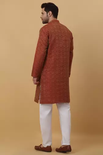 Men's Jacquard Woven Design Maroon Kurta With Pyjamas