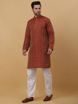 Men's Jacquard Woven Design Maroon Kurta With Pyjamas 4