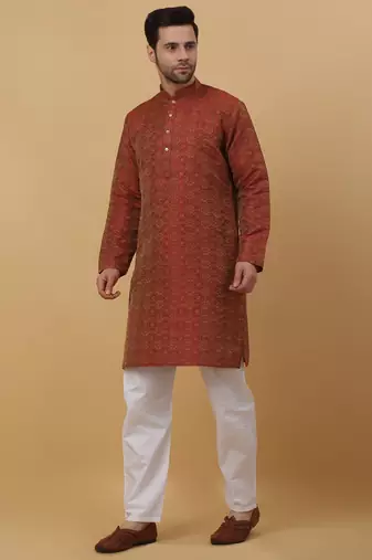 Men's Jacquard Woven Design Maroon Kurta With Pyjamas