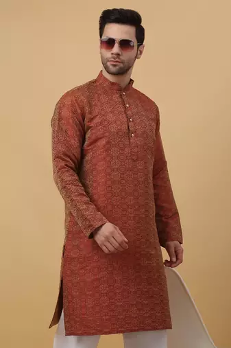 Men's Jacquard Woven Design Maroon Kurta With Pyjamas