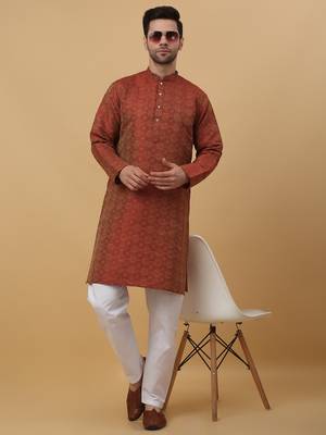 Men's Jacquard Woven Design Maroon Kurta With Pyjamas 6