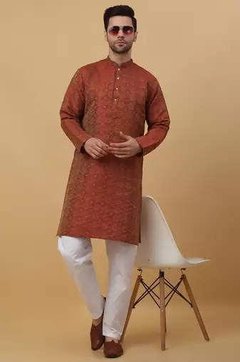 Men's Jacquard Woven Design Maroon Kurta With Pyjamas