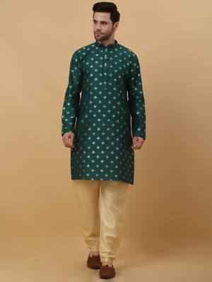 Men's Silk Jacquard Gold Print Green Kurta With Beige Churidar 1