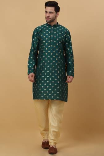 Men's Silk Jacquard Gold Print Green Kurta With Beige Churidar