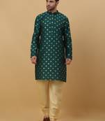 Men's Silk Jacquard Gold Print Green Kurta With Beige Churidar