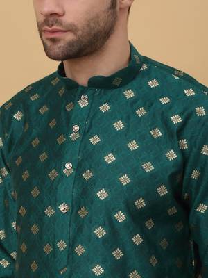 Men's Silk Jacquard Gold Print Green Kurta With Beige Churidar 2