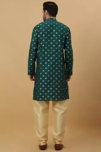 Men's Silk Jacquard Gold Print Green Kurta With Beige Churidar