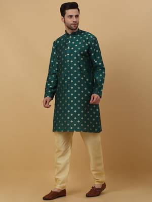 Men's Silk Jacquard Gold Print Green Kurta With Beige Churidar 4