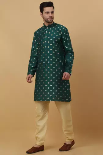 Men's Silk Jacquard Gold Print Green Kurta With Beige Churidar
