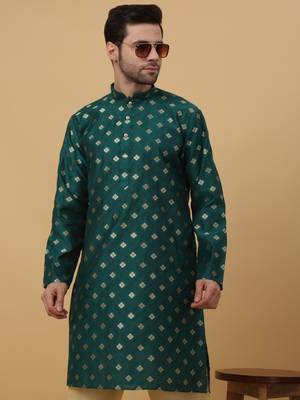 Men's Silk Jacquard Gold Print Green Kurta With Beige Churidar 5